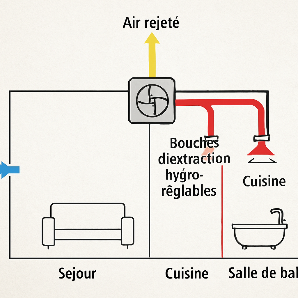 Fonctionnement schématique d'une VMC hygroréglable